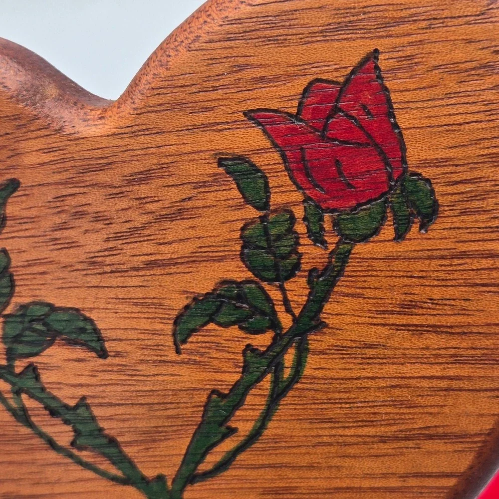 Vintage Handmade Heart Shaped Wood Trinket Box Rose Details Felt Lined Cottage